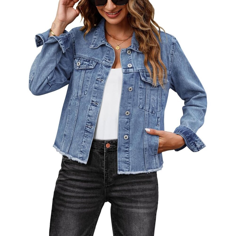 Denim Jacket for Women Distressed Jean Jackets Button Up Vintage Western Trucker